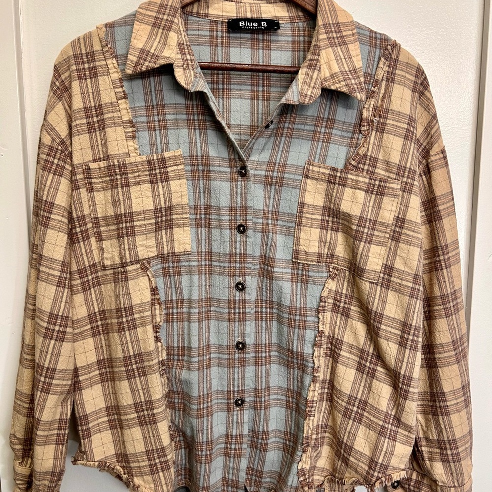 Blue B Women's Casual Plaid Shirt - Beige and Blue